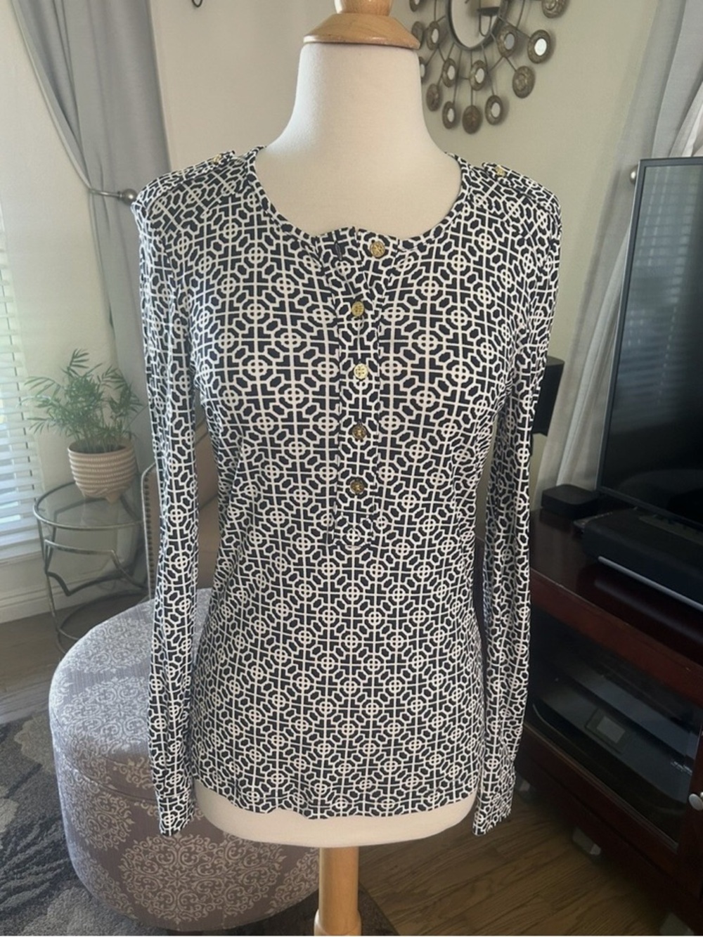 Tory Burch Navy & White Geometric Button-Front Long Sleeve Tee